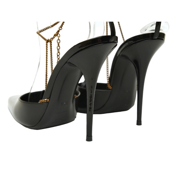 SAINT LAURENT Black Patent Leather Pump CLAW CHAIN YSL Logo Heel Gold Ankle 38.5 - Picture 8 of 10